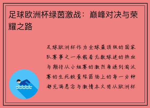足球欧洲杯绿茵激战：巅峰对决与荣耀之路