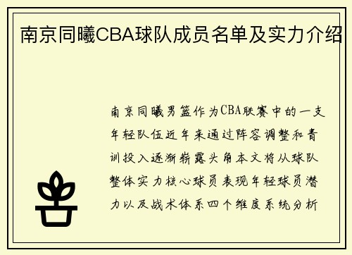 南京同曦CBA球队成员名单及实力介绍